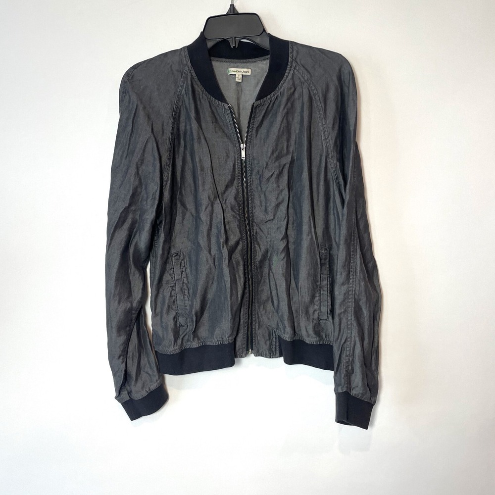 Calvin Klein Full Zip Bomber Jacket‎ Mens Large Black Pockets Casual Travel Moto